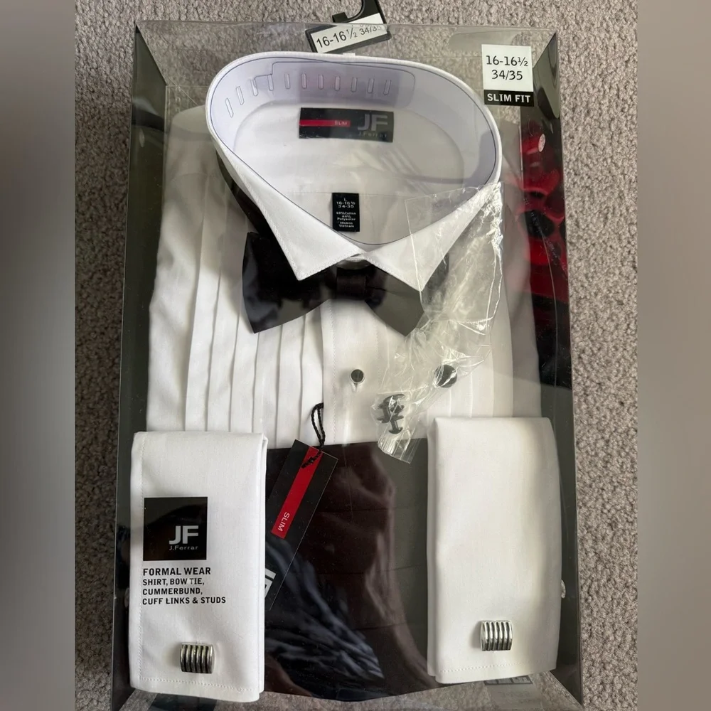 J. Ferrar Tuxedo Bundle Men’s Shirt, Cummerbund, Cuffs, Bowtie, Studs New Sz 16 - Picture 1 of 4